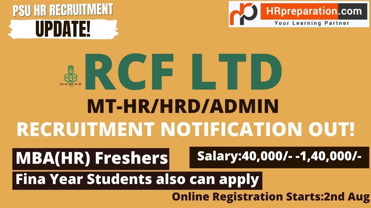 RCFL Recruitment 2022 for (HR, Admin & HRD)|RCFL MT Recruitment 2022 HR: Apply Online for Management