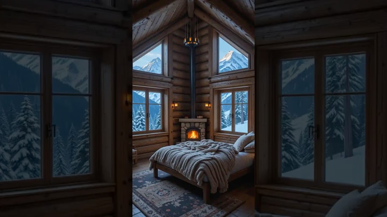 🌙 Cozy Alpine Cabin Bedroom at Night | Snowy Moonlit Winter Ambience ❄️🔥