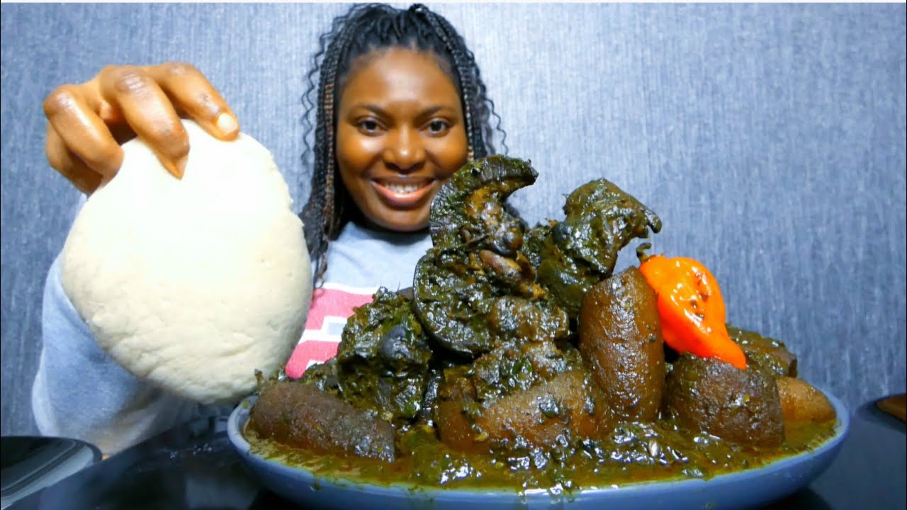 Asmr mukbang afang soup with fufu/ Nigerian soup 
