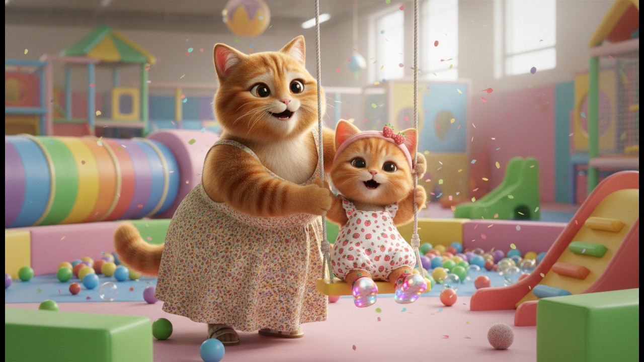 Mama Cat and Kitten Explore Huge Indoor Playground