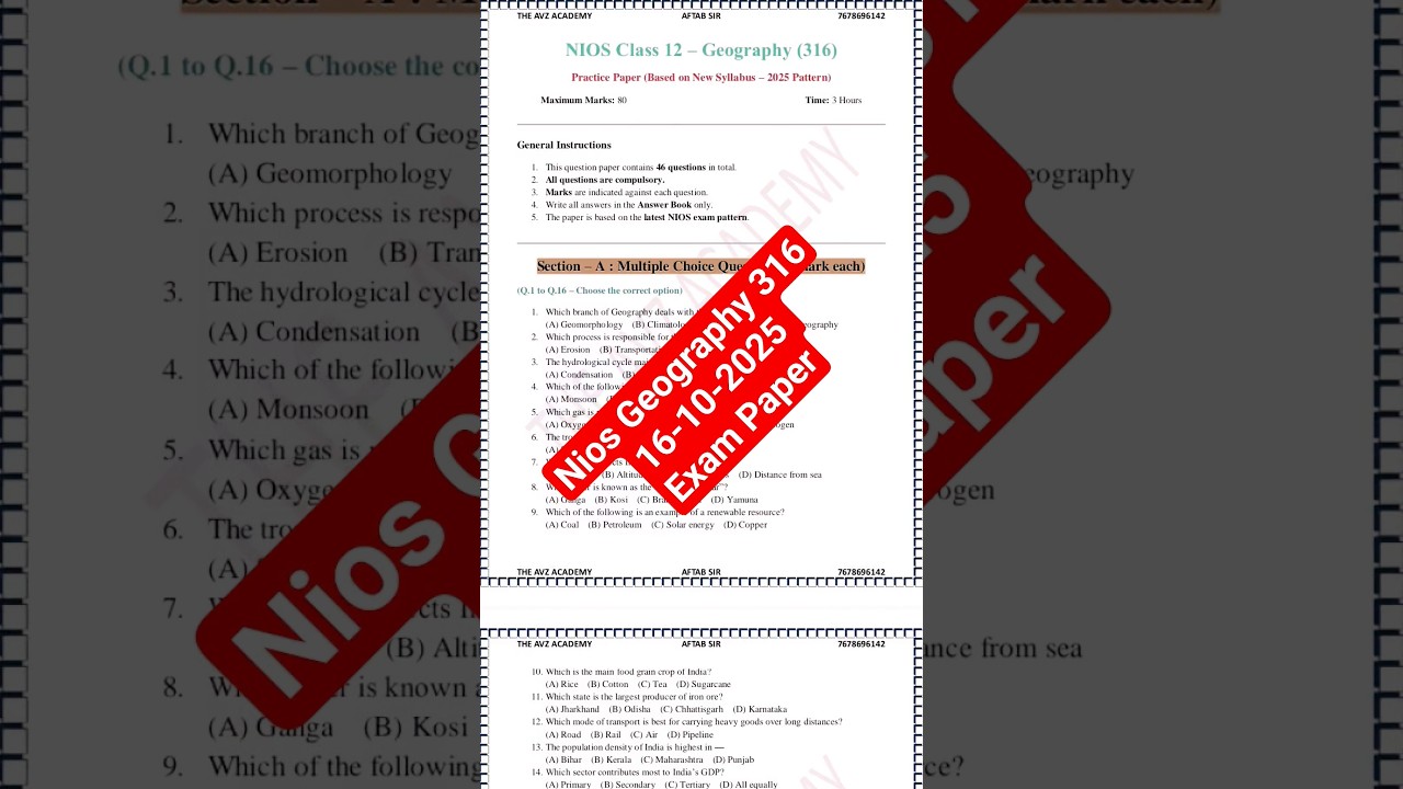 NIOS 316 Geography October Paper 2025 | Full Exam Notes || 100% Real Questions & Answers