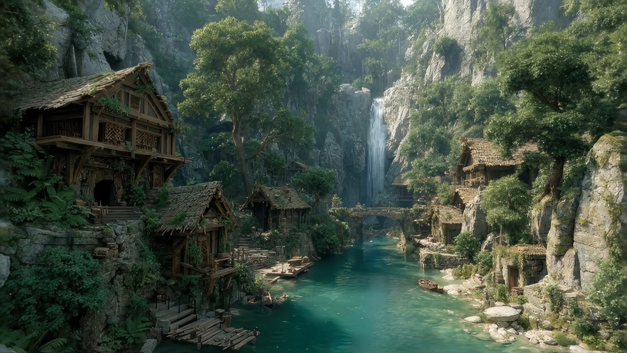 Deep Relaxing Celtic Harp & Flute | Hidden Forest Village and Magical Waterfall