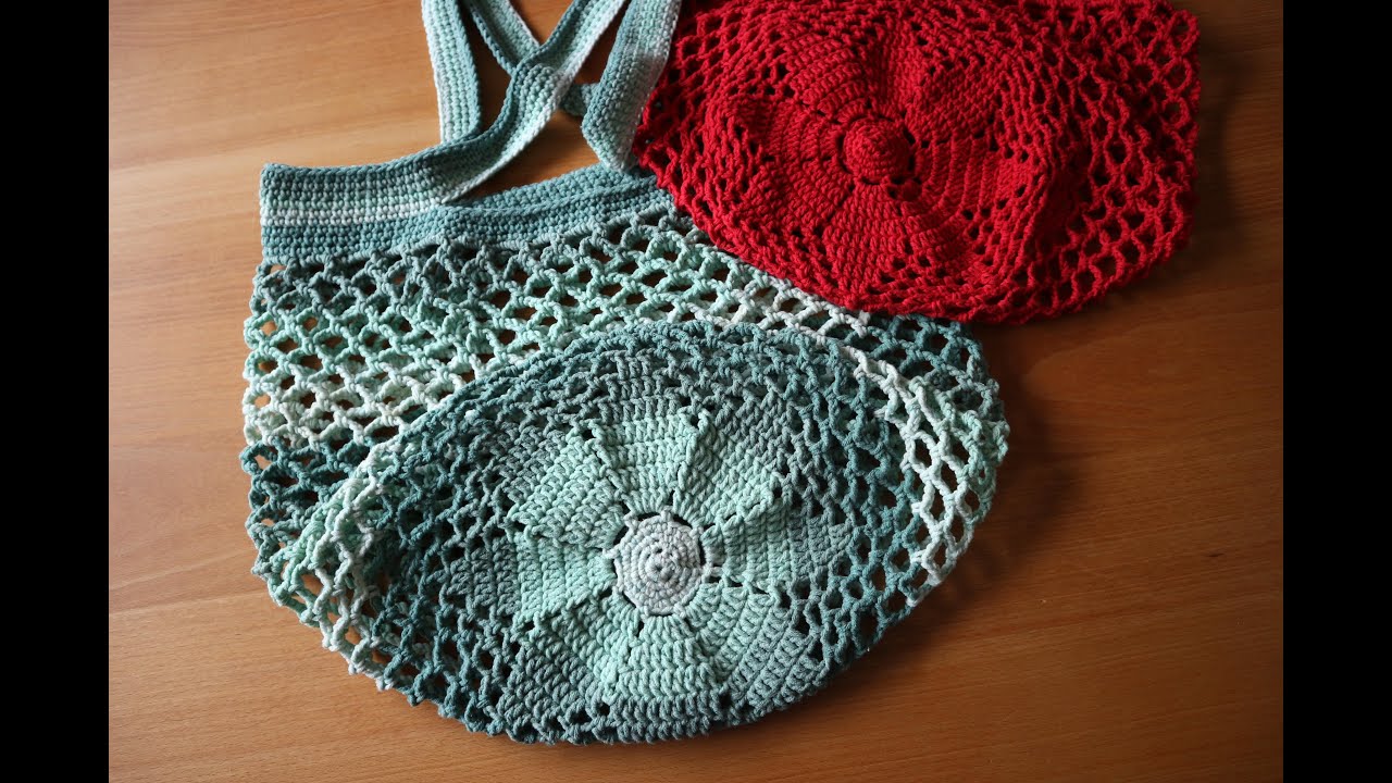 Einkaufs-Netz h&auml;keln mit Blumenboden und Anleitung - knitting a shoppingbag