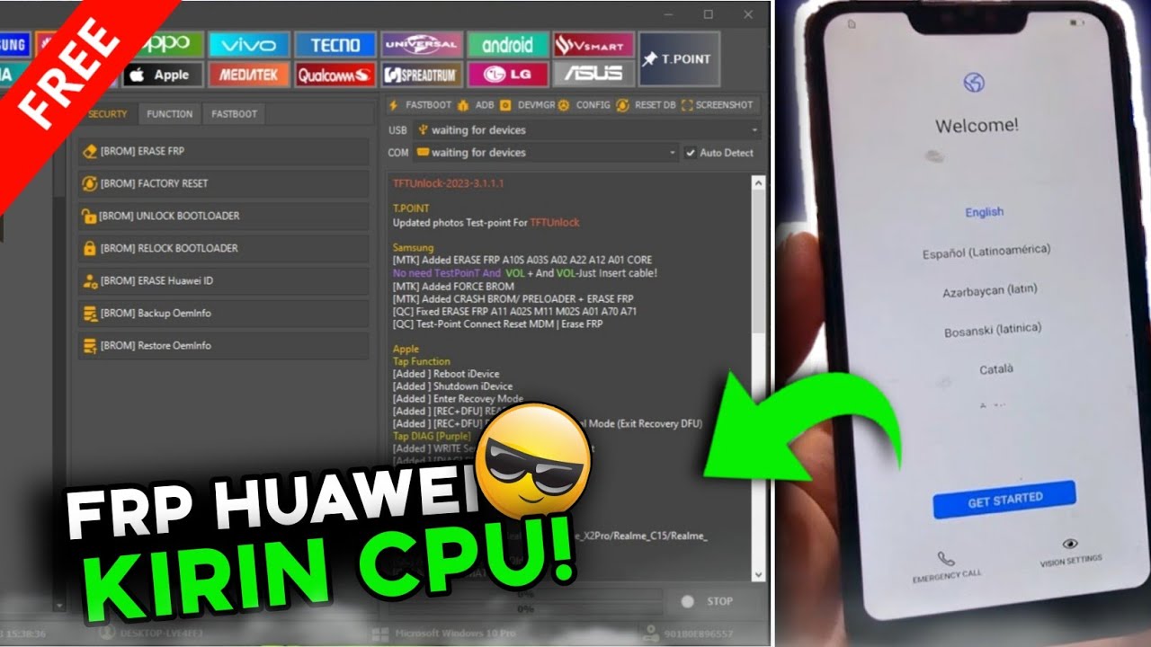 Huawei Free Tool 2023 FRP Bypass All Cpu Qualcomm,Kirin,MTK.. One Click Reset User Lock |TFT Tool