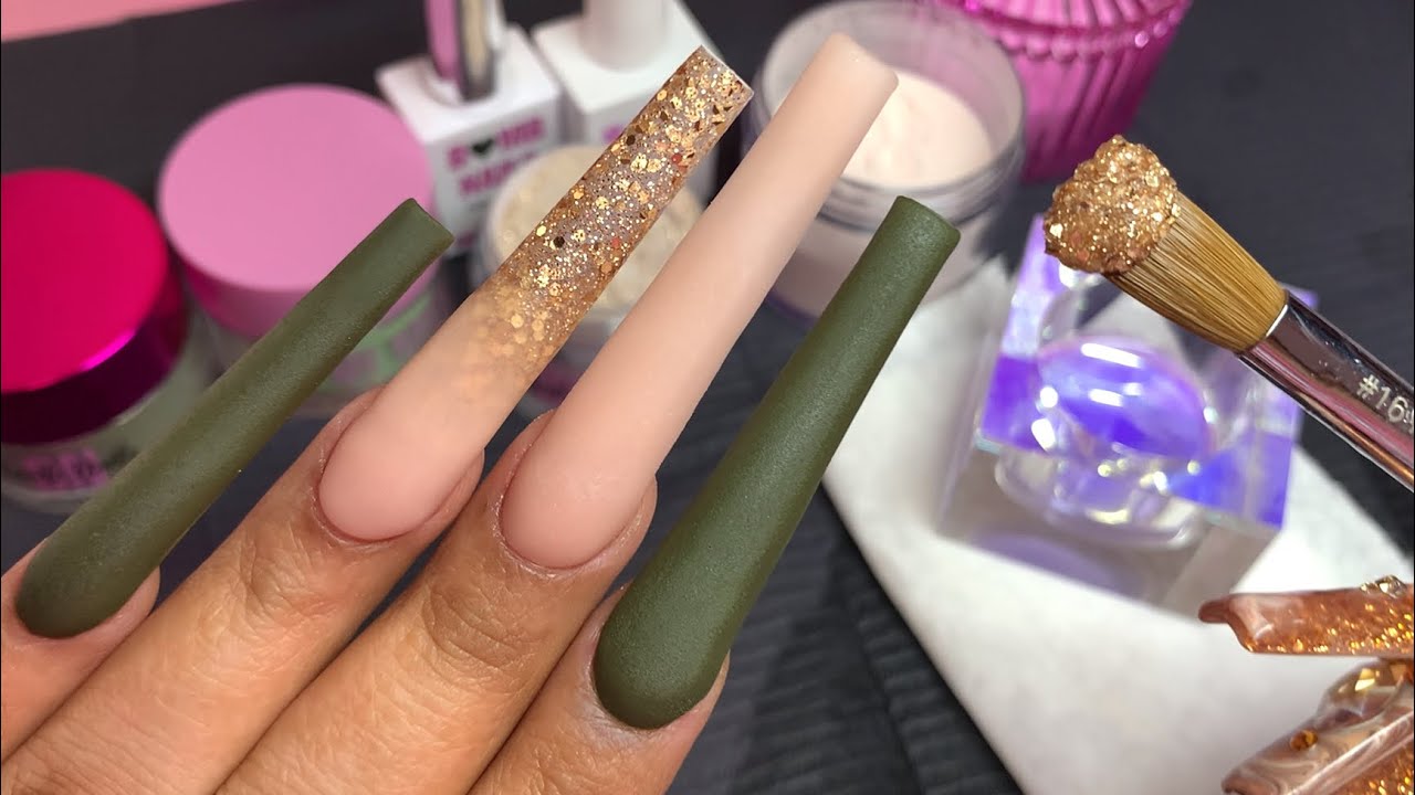 OLIVE GREEN AUTUM DESIGN WITH TEXTURE🍂💚/ COFFIN ACRYLIC NAILS