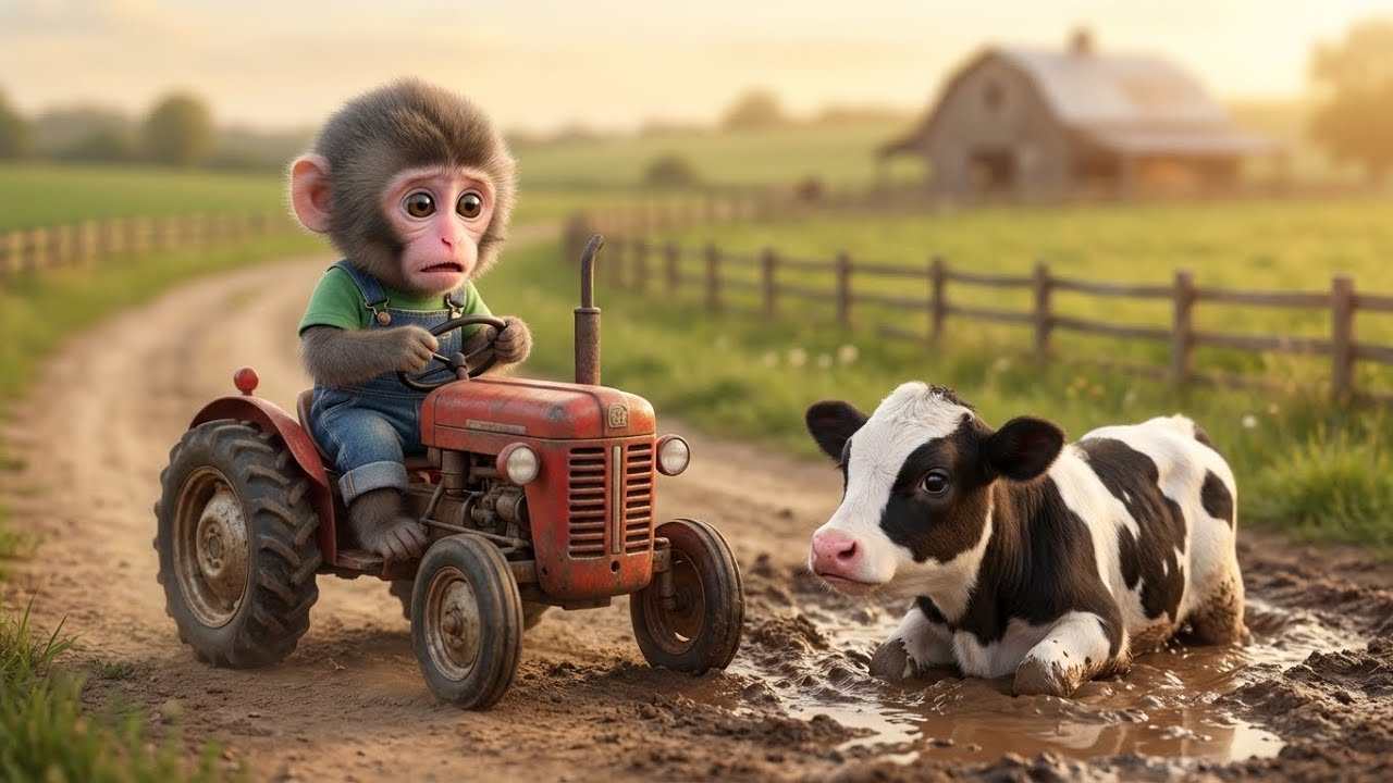Baby Monkey Hears a Moo… Who’s Stuck in the Mud Pit 🐒🐄💦