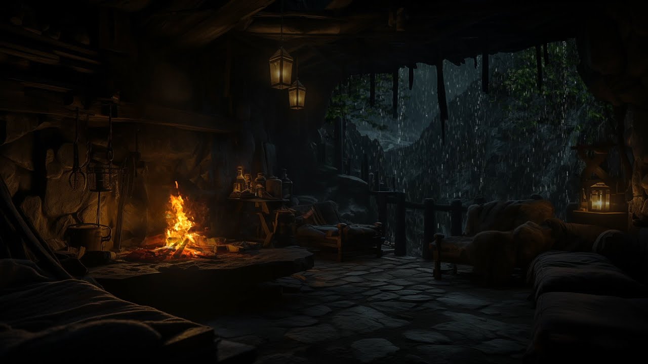 No Ads, Cozy Night in Cave with Rain & Fireplace Sounds 🌧️🔥 Perfect Ambience for Deep Sleep😴