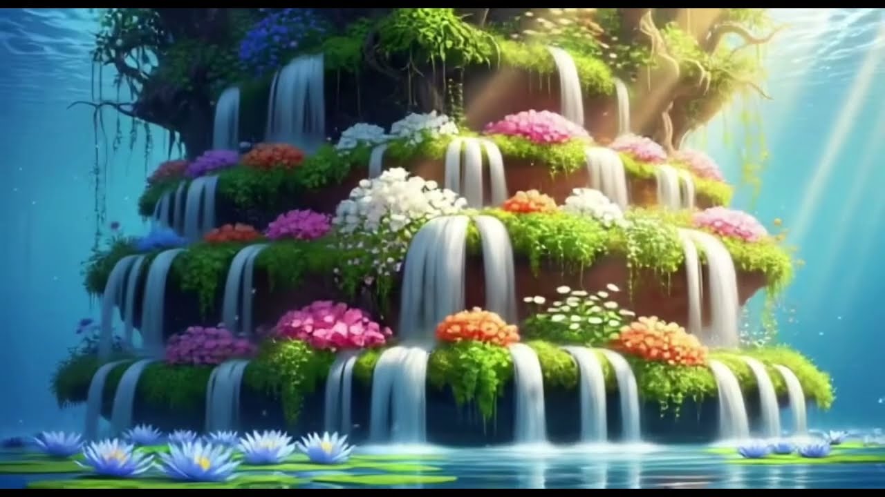 The view of the waterfall and beautiful colorful flowers mixed with the sound of flowing water 