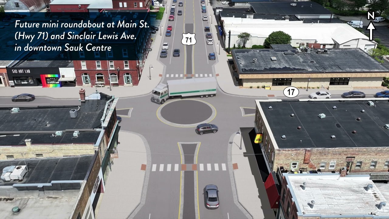 Highway 71 Sauk Centre: Future mini roundabout at Sinclair Lewis Ave.