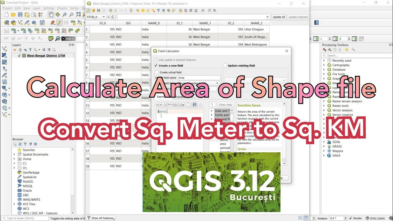 How to Calculate Area of Shape file in QGIS | Calculate Area of Shape file & Convert sq. M to Sq. KM