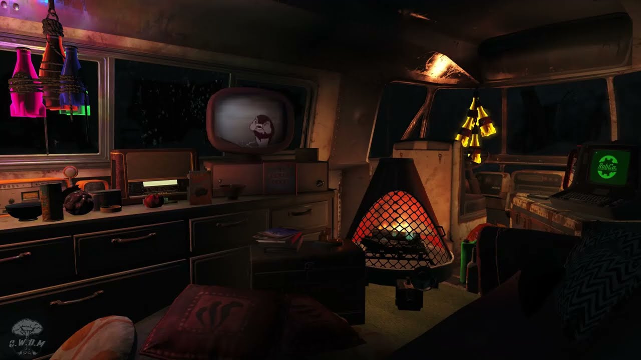 Fallout 4 Cozy Bus Shelter 🌧️ Thunderstorm + Fire • Classic Cartoon TV Audio • Sleep Ambience