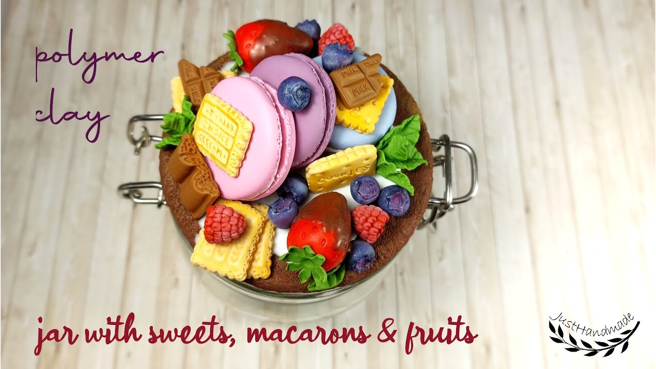 JustHandmade - Jar with polymer clay sweets, macarons & fruits - tutorial / DIY cookie jar