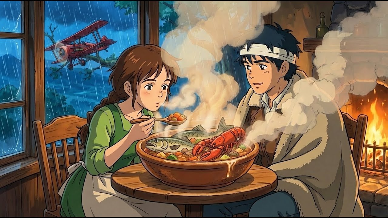 Cooking Stew for a Lost Pilot on a Stormy Night ⛈️ | Ghibli Style Ambience