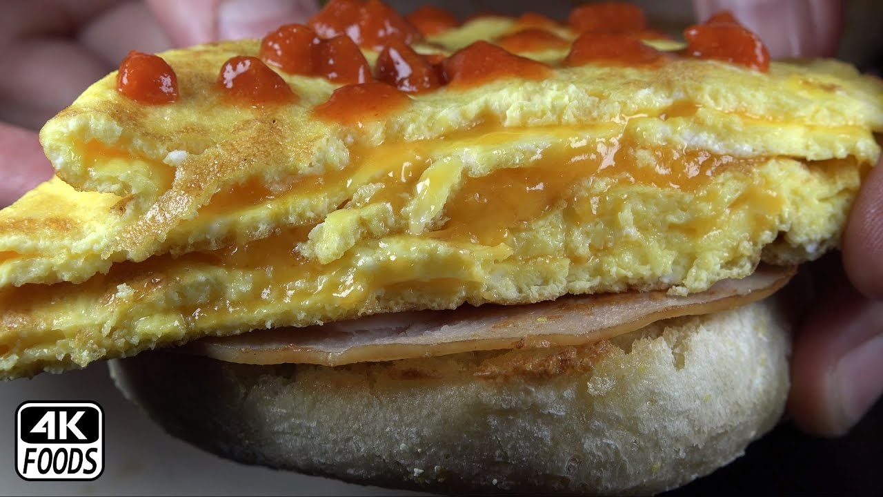 4k Foods ASMR | Cheddar Cheese Omelette On English Muffin with Grilled Turkey and Chili Sauce | 먹방