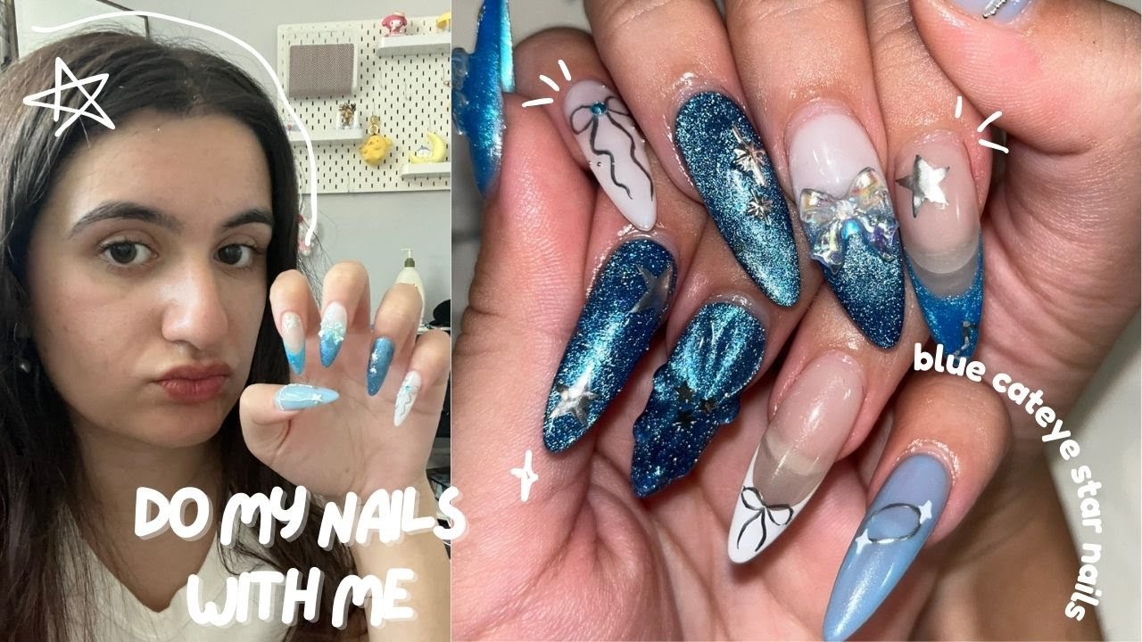 do my nails with me ੈ✩‧₊˚ mismatch blue cateye star nails, korean nail haul, nail asmr💫📘