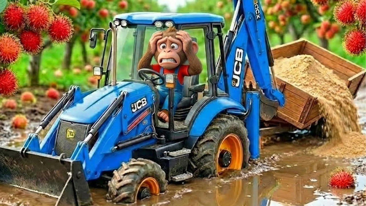 Monkey Drives JCB Backhoe to Fix Muddy Road After Heavy Rain – Unexpected Farm Rescue
