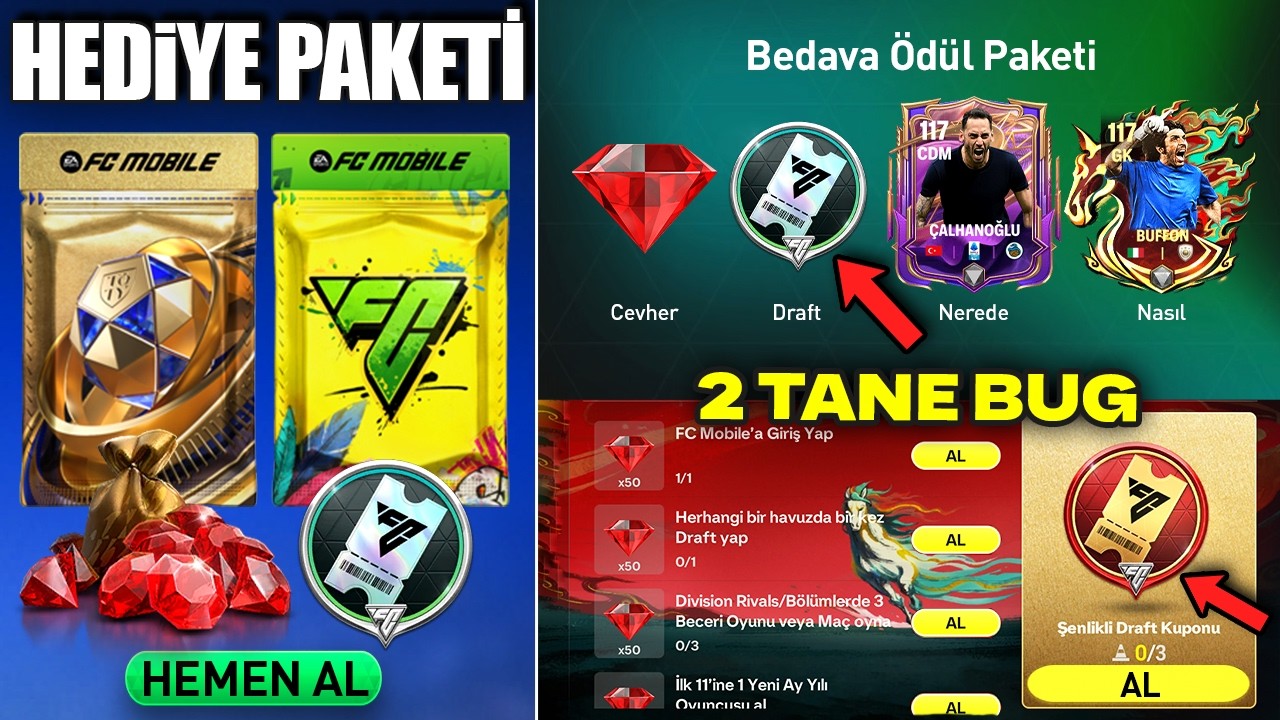 2 TANE HEDİYE PAKETİ GELDİ 🔥 YENİ ÖDÜL BUGU 🤯 BEDAVA +10 DRAFT BİLETİ VE CEVHER HEMEN YAP FC Mobile
