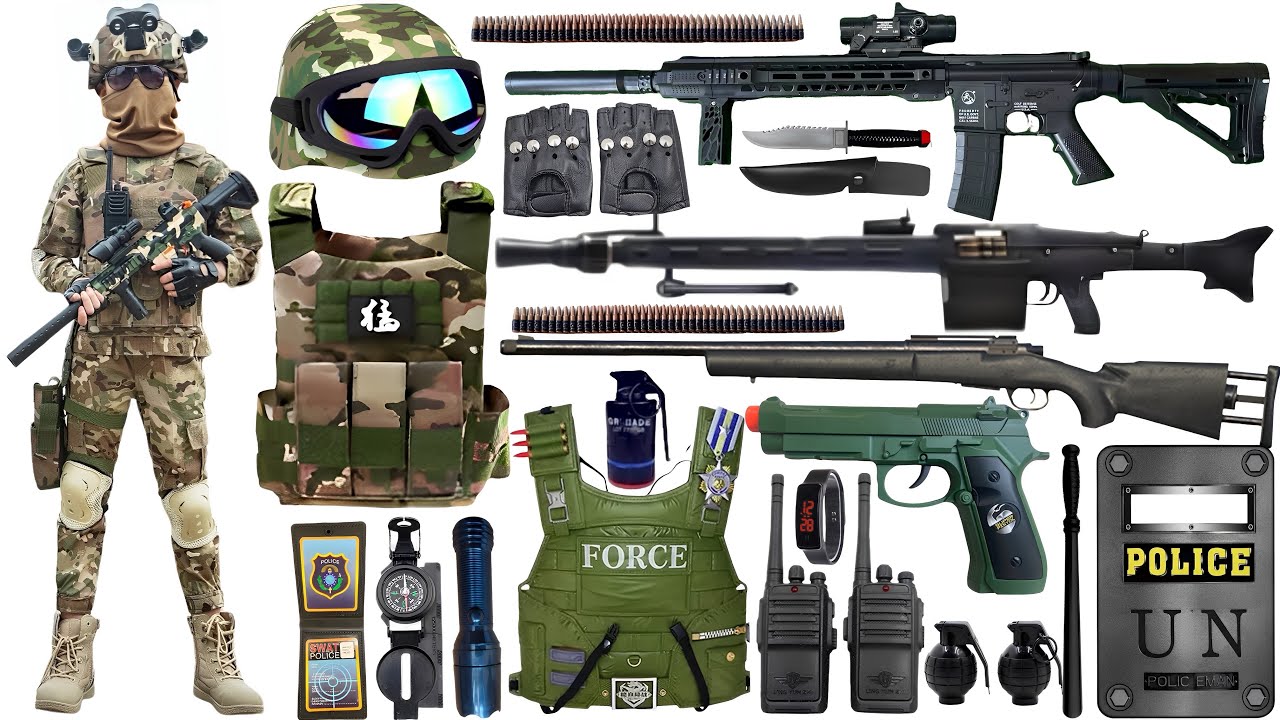 Special Forces military toy gun set unboxing, AR15 automatic rifle, rocket launcher, tactical helmet