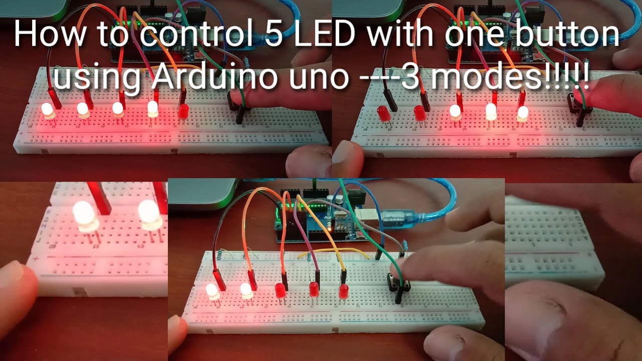 How to control 5 LED with one button using arduino uno-3 styles!! LED project!!