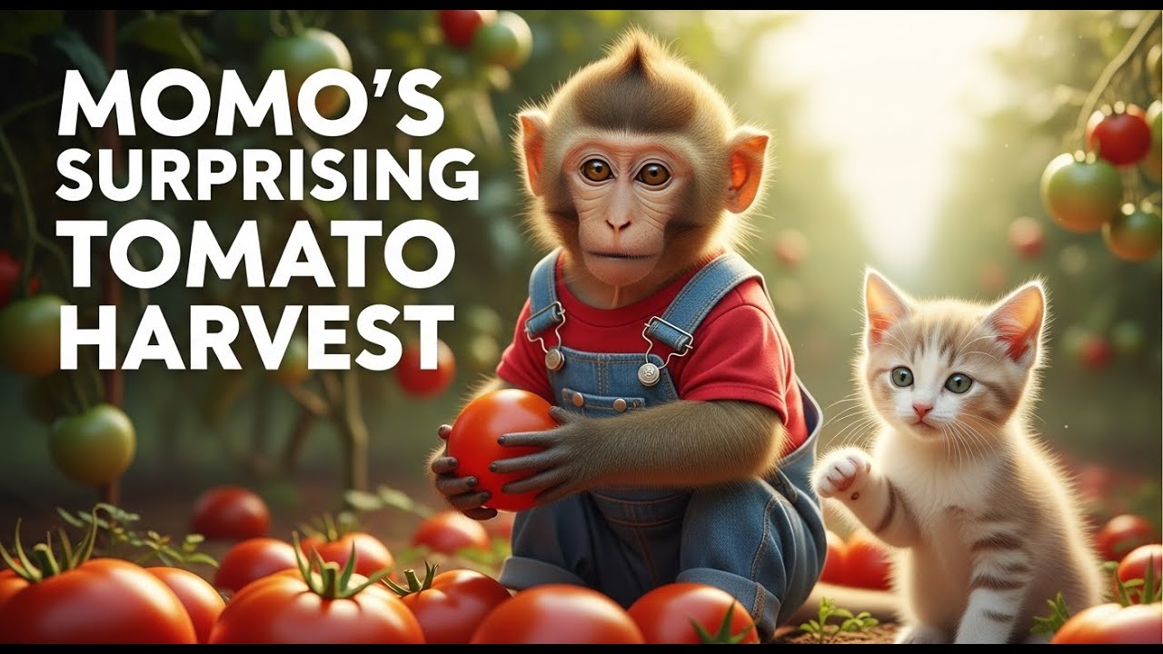 in-the-morning-momo-the-monkey-and-the-kitten-harvested-tomatoes-farm-fun