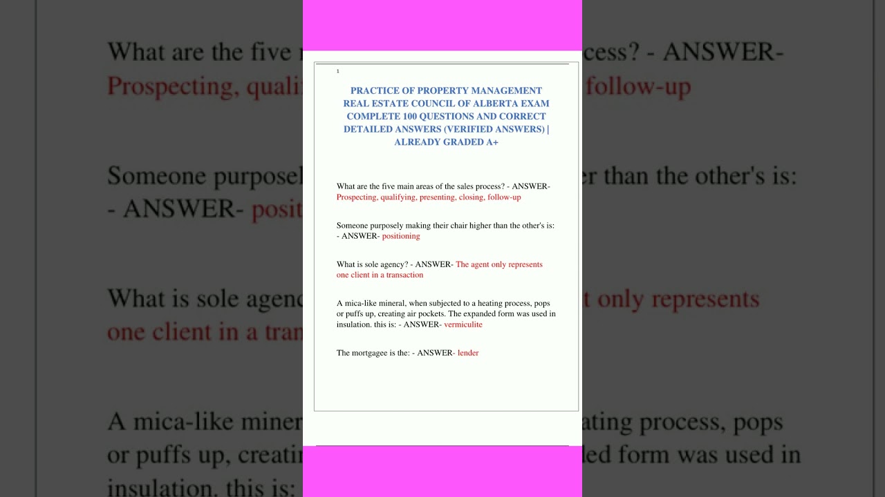 Practice Of Property Management Real Estate Council Of Alberta Exam Complete 100 Questions And Corre