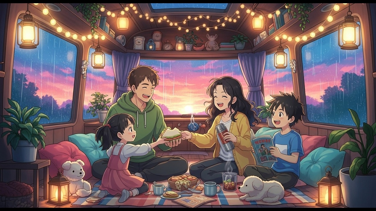 A Cozy Rainy Day in Our Mobile Home | Ghibli Style Video | Soft Ghibli