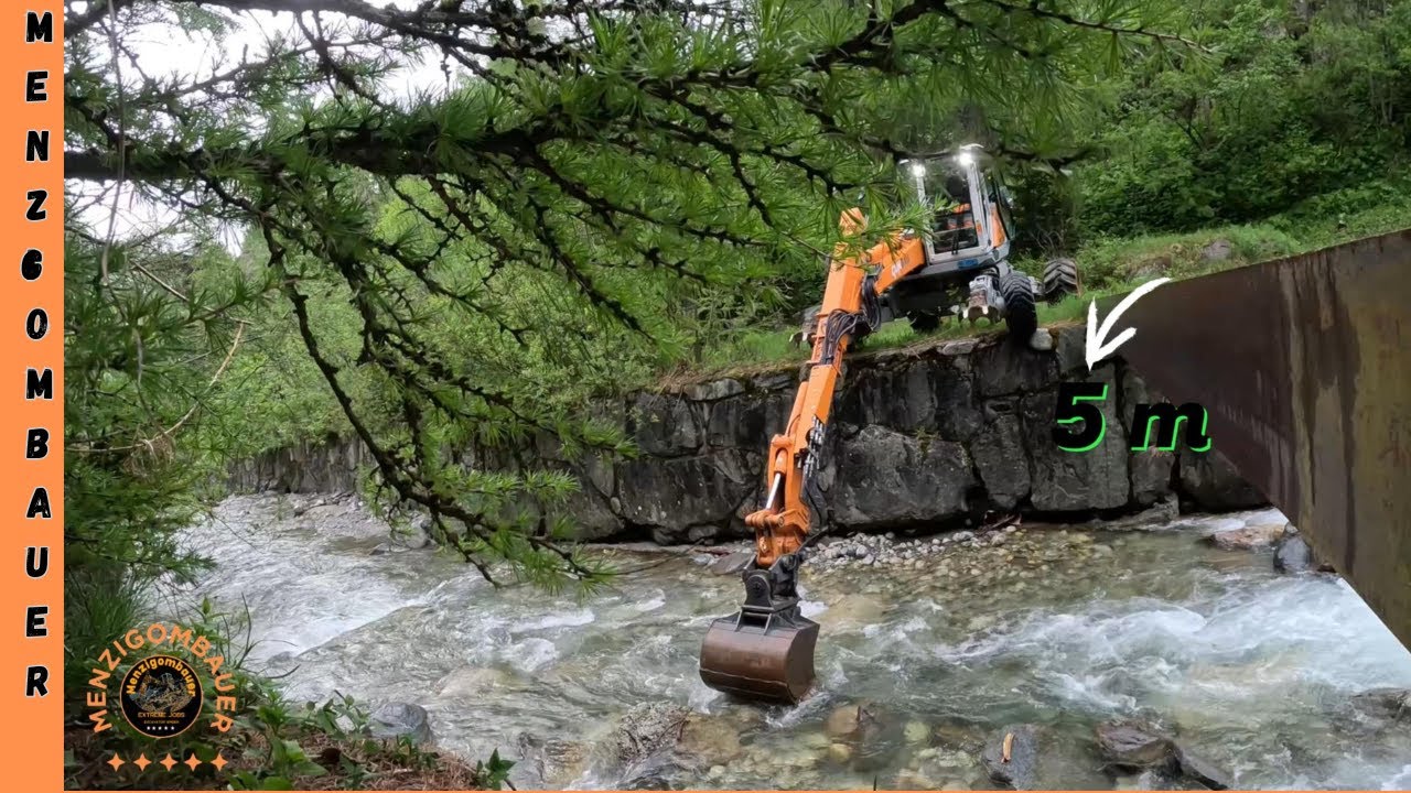 Schreitbagger Steilsprung von einer 5 m hohen Mauer  Spider Excavator