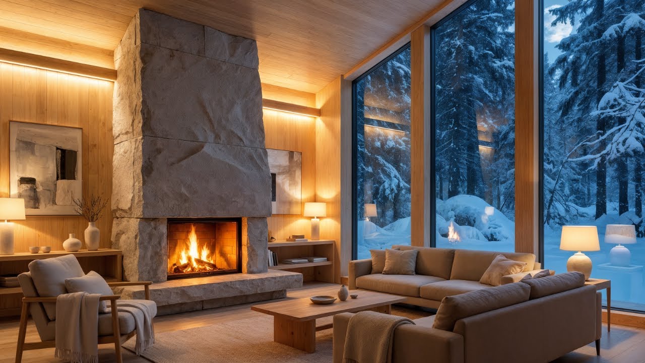 Snowy Winter Cabin Night ❄️ Soft Fire Crackle & Relaxing Blues Atmosphere