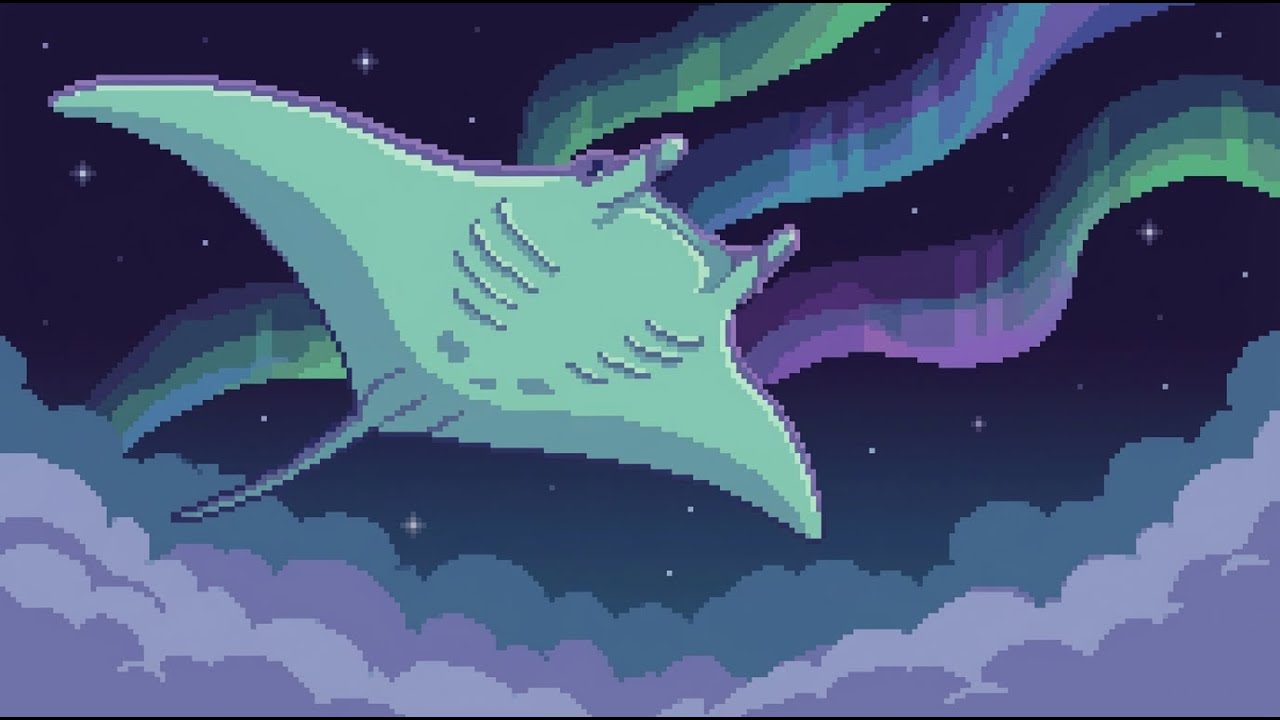 A Giant Manta Ray Flying Through Aurora Skies | Pixel Art Lofi