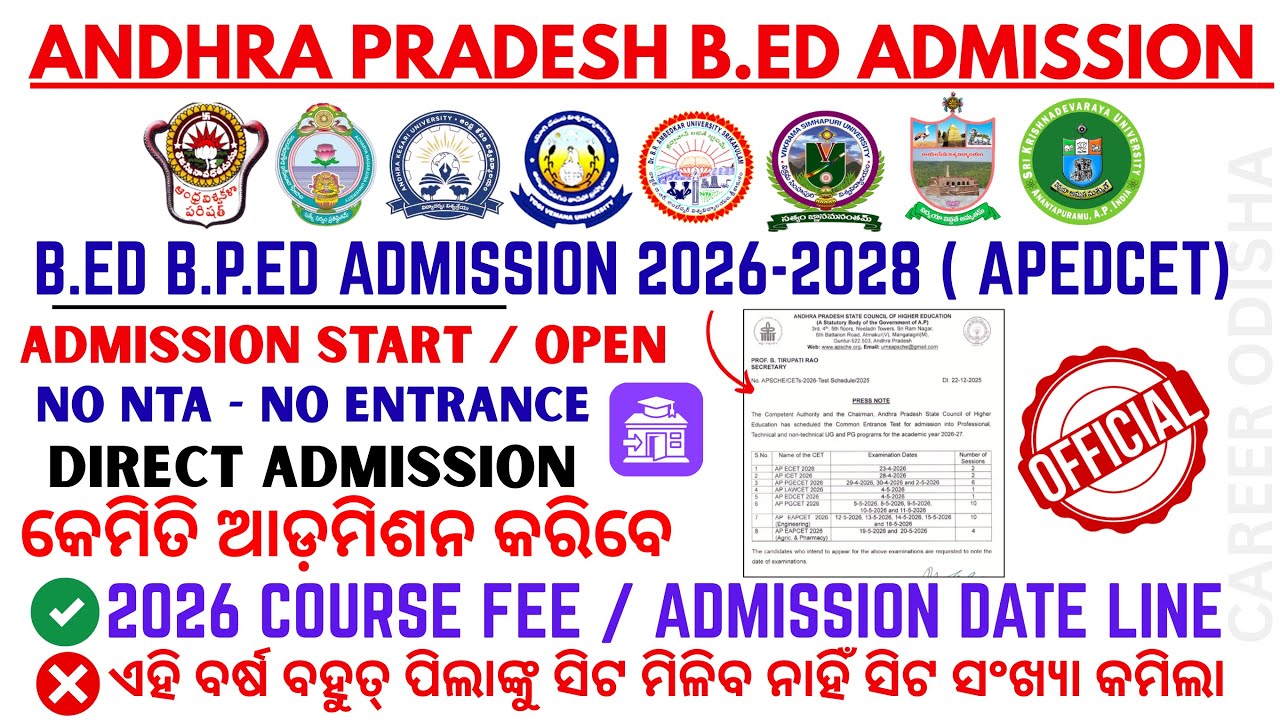 Andhra Pradesh B.Ed Admission 2026,Admission Process, Andhra Pradesh All University B.Ed Course Fees