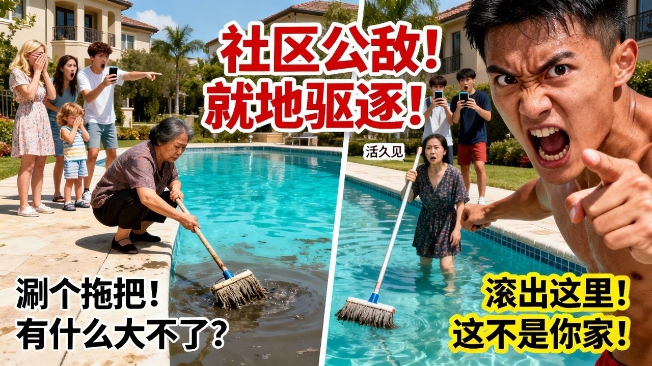 中國大媽把美國社區泳池當私家浴場，竟在池邊公然涮洗拖把！華裔救生員當場怒斥：這是所有人共享的家園，不是你一個人的私人後院！