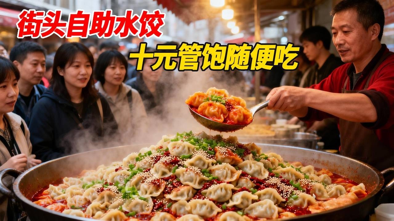 河北衡水街头自助水饺，10元管饱荤素一个价随便吃，来吃的大多都是男人！【好食勇哥】