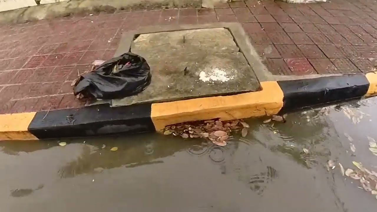 Collecting leaves covering the canals, causing the roads to flood due to rain