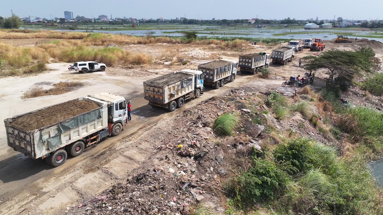 Wow, Nice Excellent Action Develop New Road on Big Lake by SHANTUI Bulldozer Pushing Sand