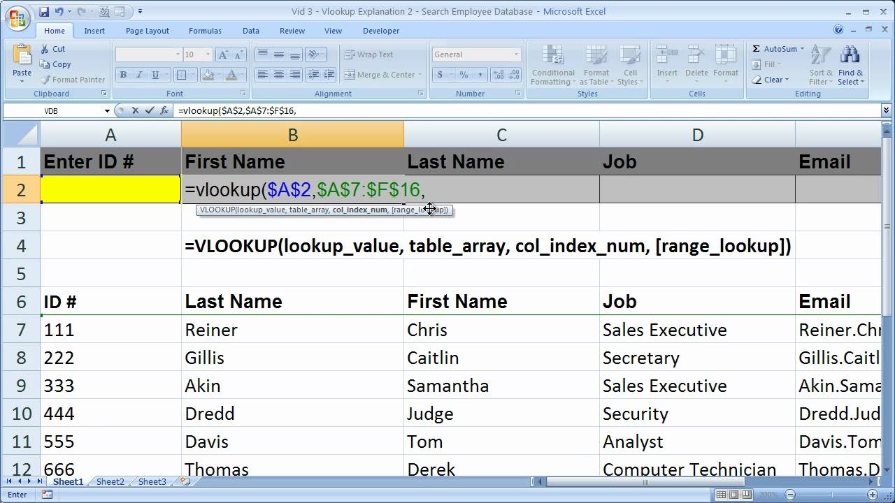 Excel Lookup/Search Tip 3 - Vlookup Explanation 2 - Vlookup to Search an Employee Database