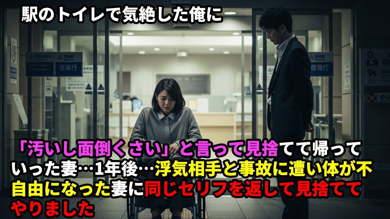 駅のトイレで気絶した俺を「汚いし面倒」と見捨てた妻…1年後、不倫相手と事故に遭い不自由になった妻に同じ言葉を返した結果…