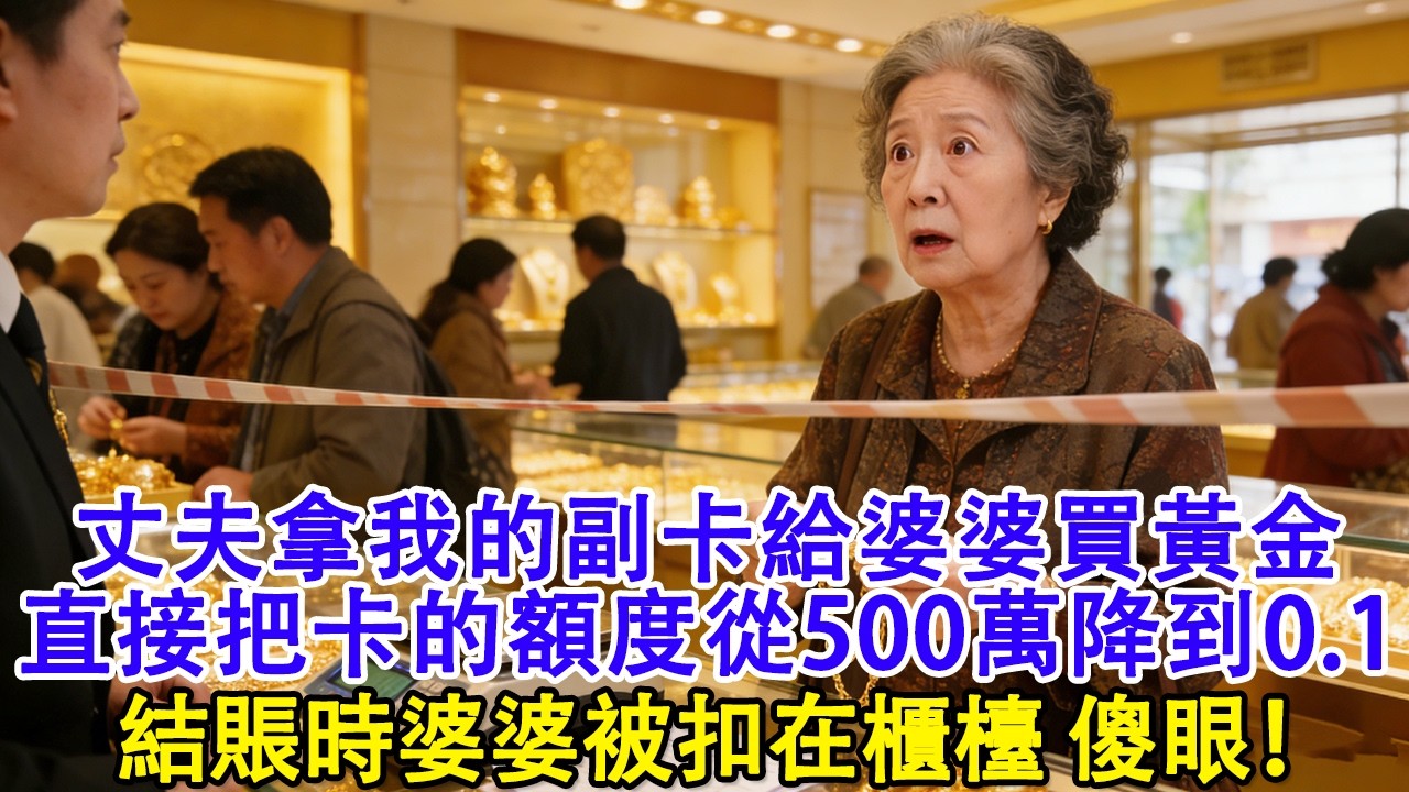 【完結爽文】丈夫拿我的副卡給婆婆買黃金，我藉口挪車去銀行，直接把卡的額度從500萬降到0.1，結賬時婆婆被扣在櫃檯丈夫給我打了99通電話#婆媳 #家庭 #婚姻 #情感 #情感故事 #短劇 #故事分享