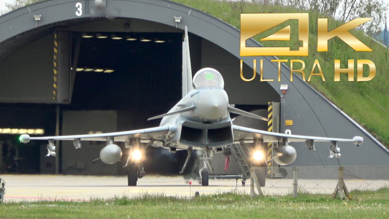(4K) 6 Eurofighter Typhoon Luftwaffe German Air Force Takeoff and Landing at TaktLwG 74 Neuburg ETSN