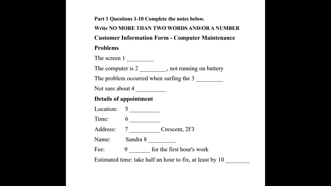 IELTS listening actual test with answers | Part 1 Customer Information Form - Computer Maintenance