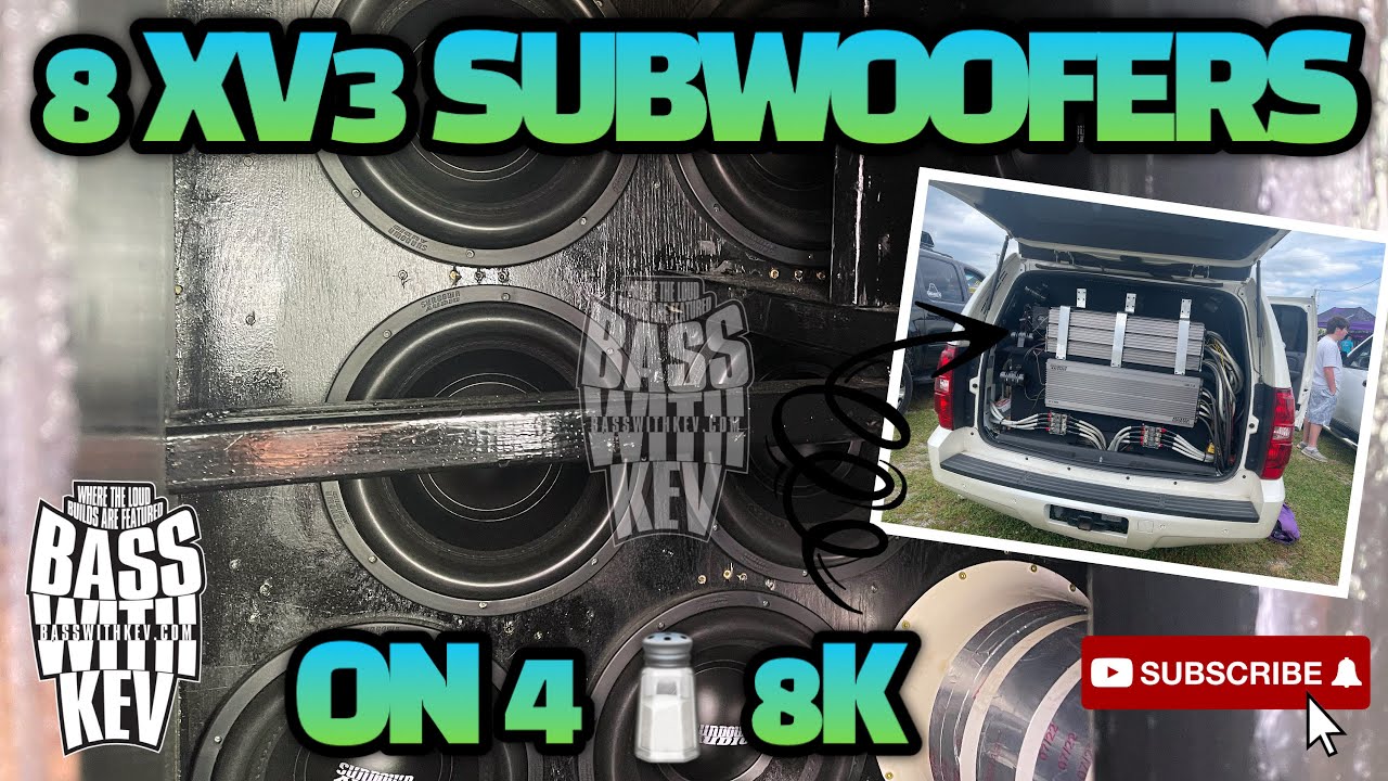 8 XV3 SUBWOOFERS ON 4 SUNDOWN SALT 8 AMPLIFIERS DEADLY CPILLAR WALL DEMO!