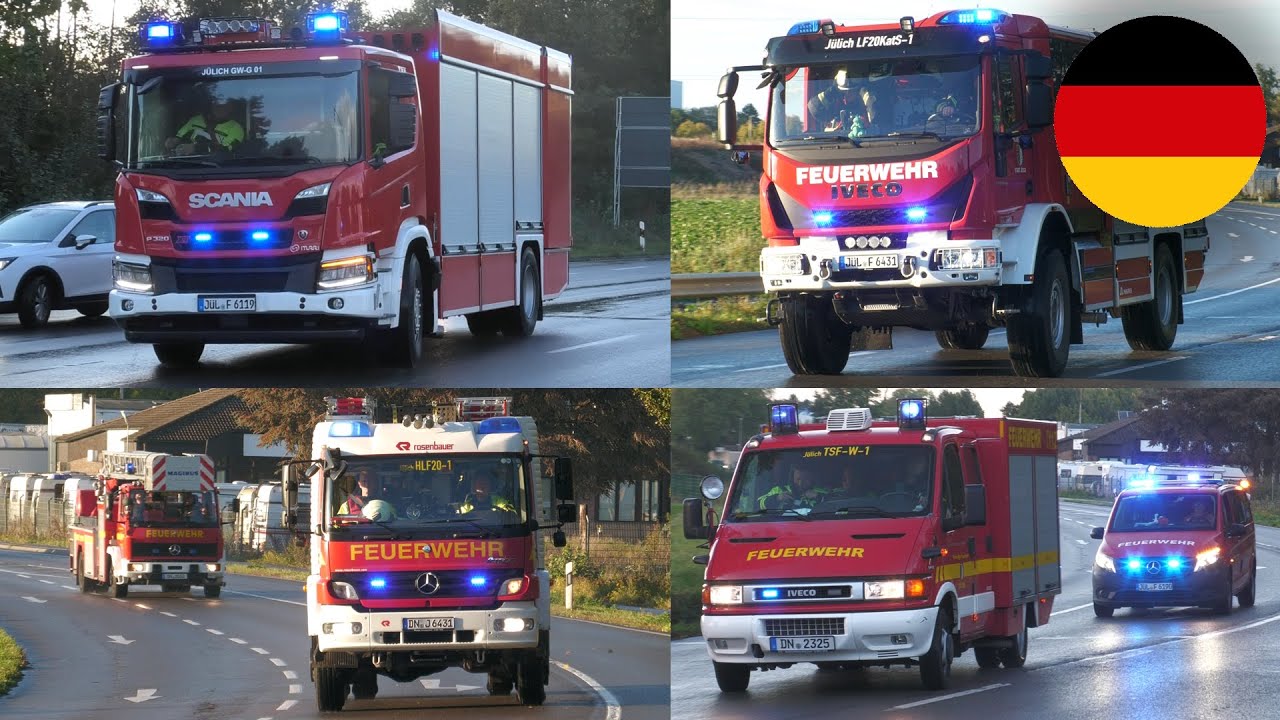 [Lagerhallenbrand bei der Bundeswehr] Einsatzfahrten Feuerwehr Jülich zu Gesamtwehrübung