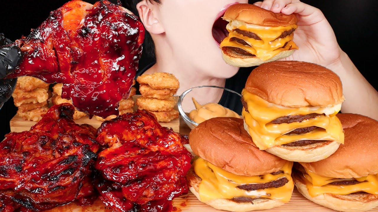 ASMR TRIPLE CHEESEBURGERS SPICY BBQ CHICKEN NUGGETS MUKBANG 치즈버거 치킨 먹방 チキン バーガー 咀嚼音 EATING SOUNDS