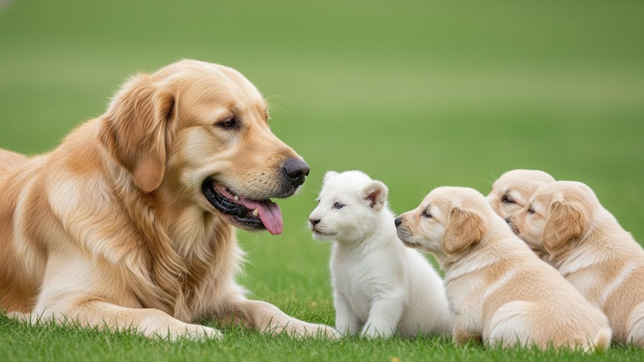 Собака-мать вырастила белого львенка вместе со своими щенками, но спустя несколько месяцев произо...