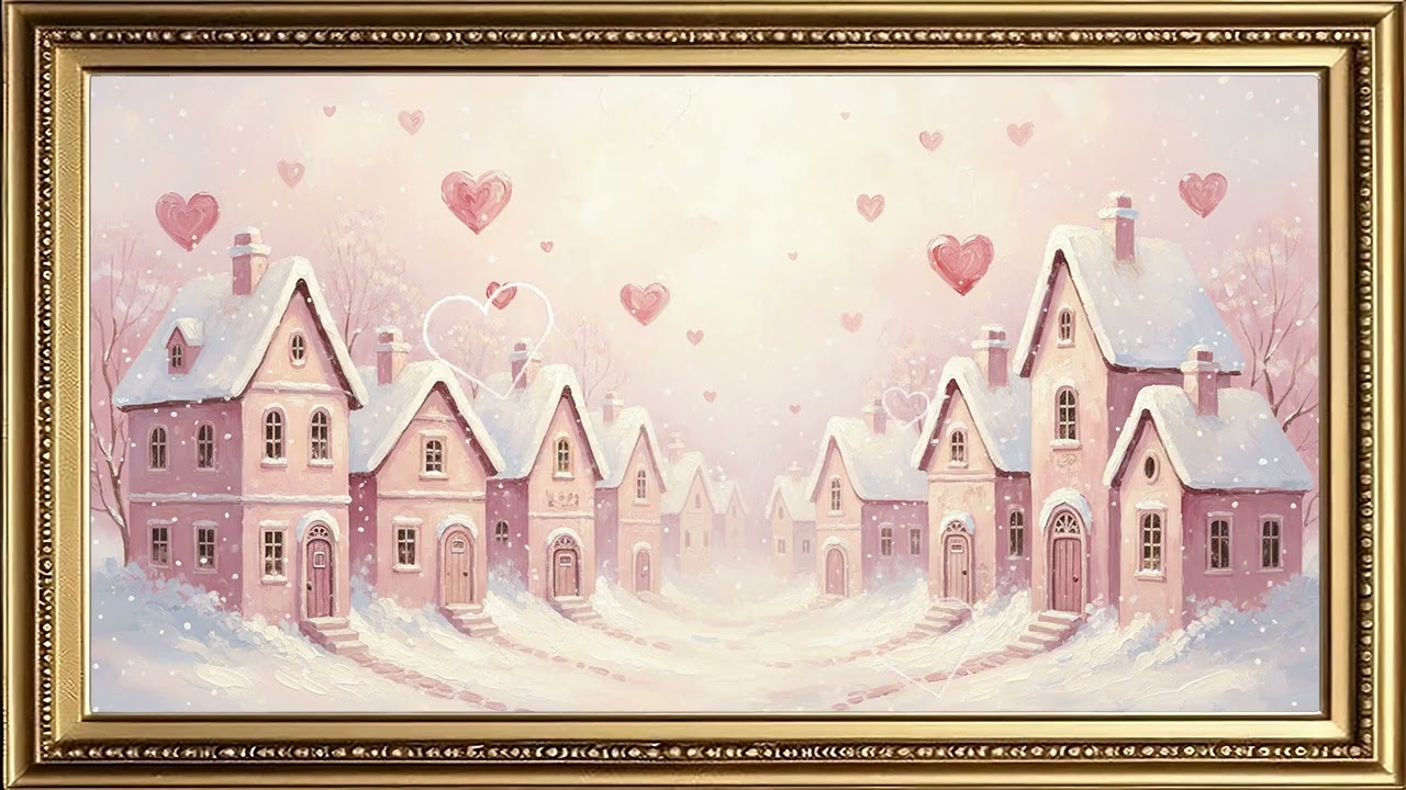 Romantic Winter Village ❄️❤️ | Cozy Snowy Scenery with Falling Hearts | 4K Framed TV Art with Music