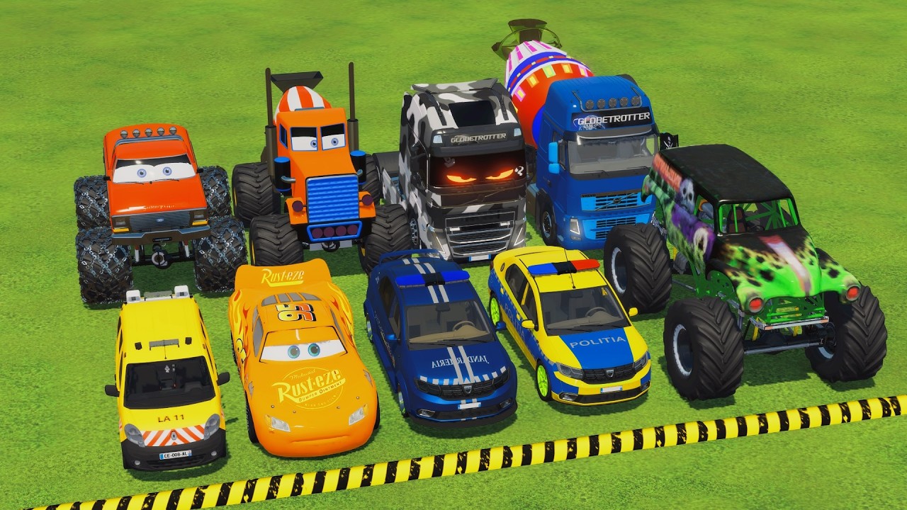 TRANSPORTING POLICE CARS, MONSTER TRUCK, FIRE TRUCK, COLORFUL CARS WITH TRAIN - FS22 #221