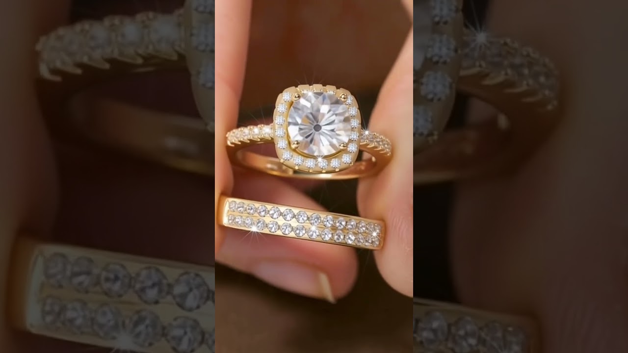 2pcs/Set Women's Luxury Shiny Gold Alloy Zirconia Decorated Engagement Ring Set