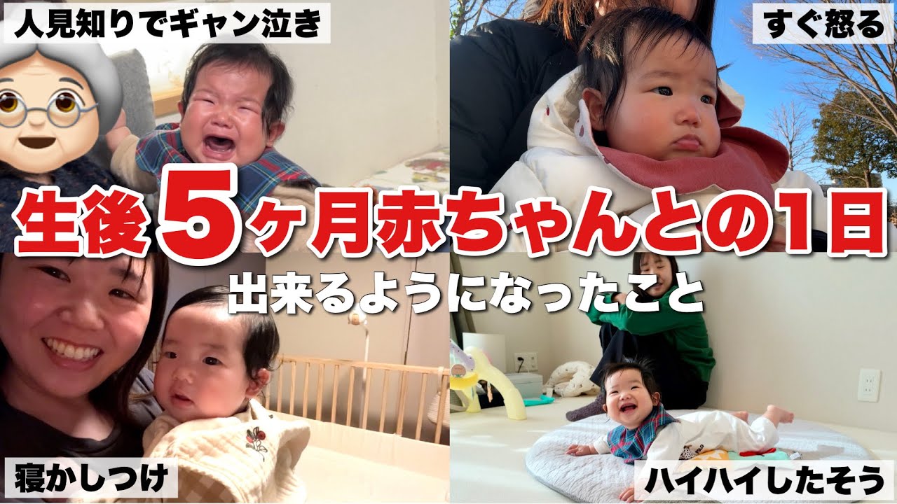 【生後5ヶ月】ついに人見知りが始まってギャン泣きが止まらない…感情を爆発させるようになった娘の1日｜成長記録【赤ちゃん】
