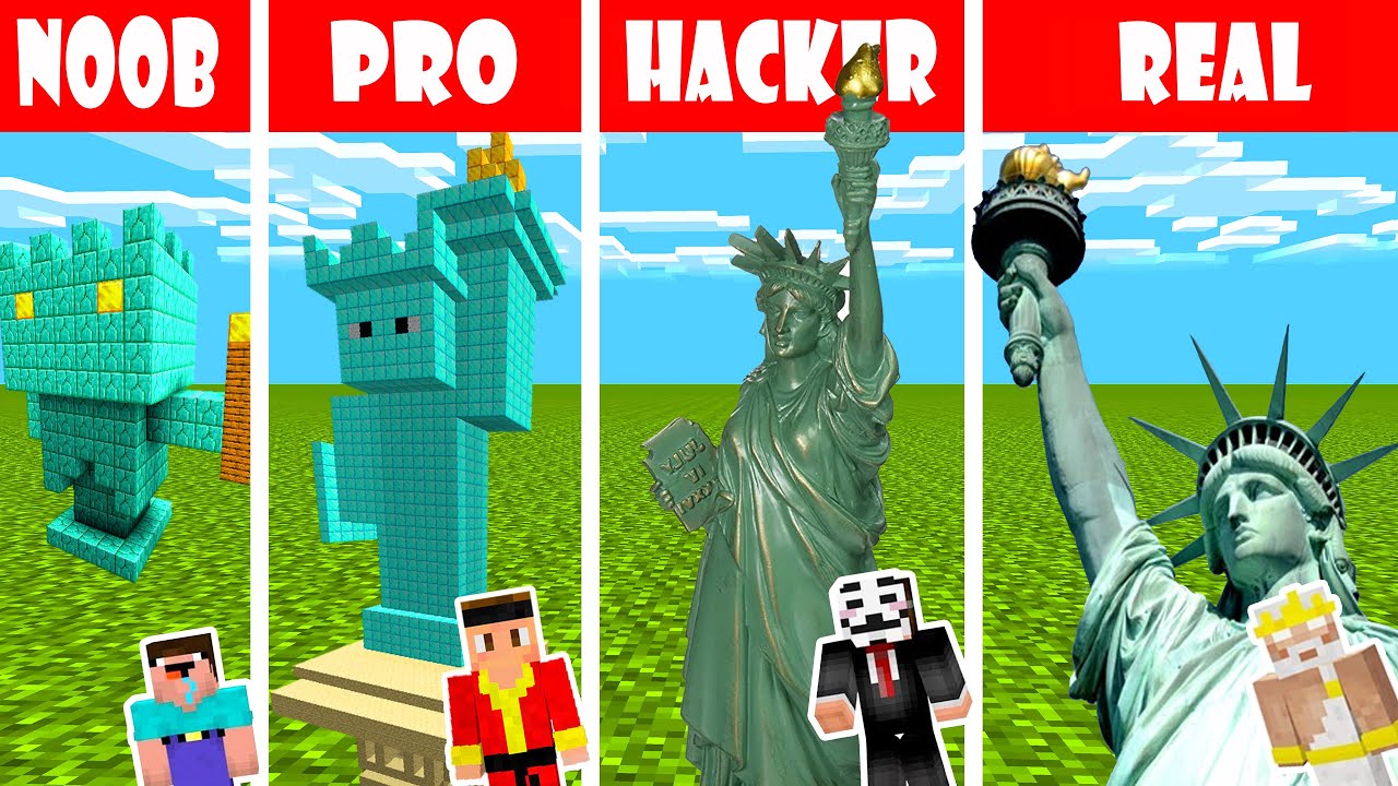 Minecraft NOOB | PRO | HACKER: STATUE of LIBERTY SECURITY HOUSE BUILD CHALLENGE | Minecraft Battle