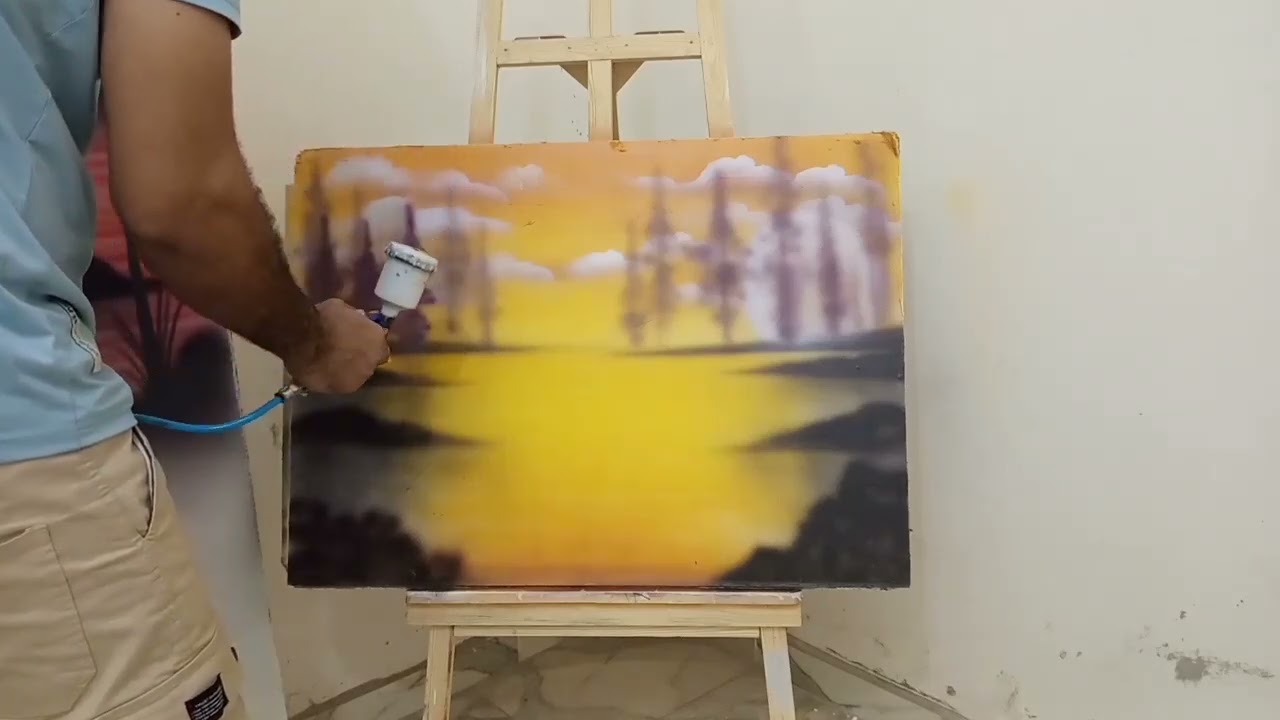 مرحلة الفنش من رسم منظر طبيعي باستخدام مسدس الهواء / منظر غروب الشمس 