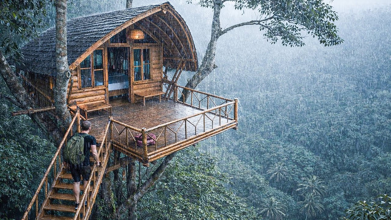 Building a Cozy Treehouse on Two Giant Ancient Trees &mdash; Solo Bushcraft in the Wild